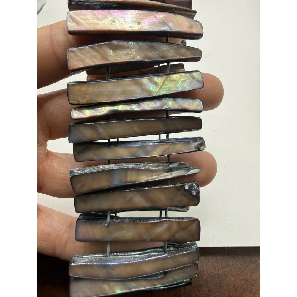 Chunky Brown Abalone Mother of Pearl Shell Stretch Bracelet Iridescent Boho‎